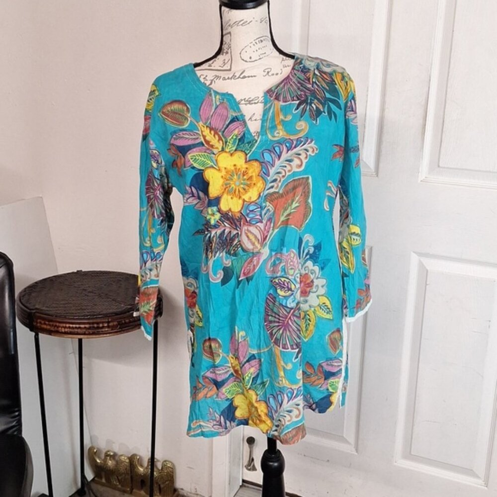 KikiSol Floral Tropical Colorful Print Resort Tunic Top size Medium Size M